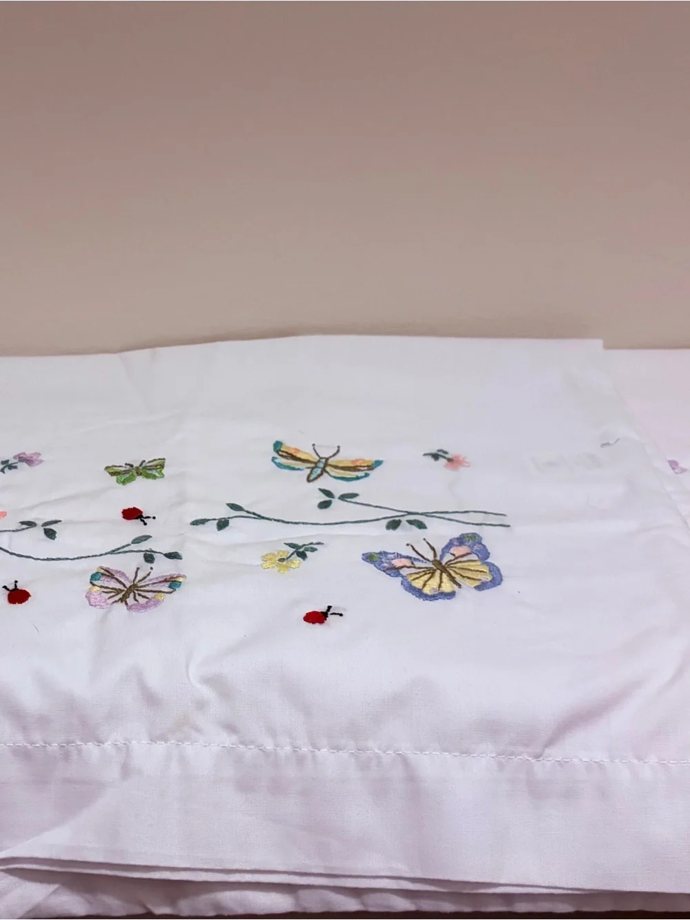Vintage Embroidered White Standard Pillowcases Butterflies In Flight by Bucilla